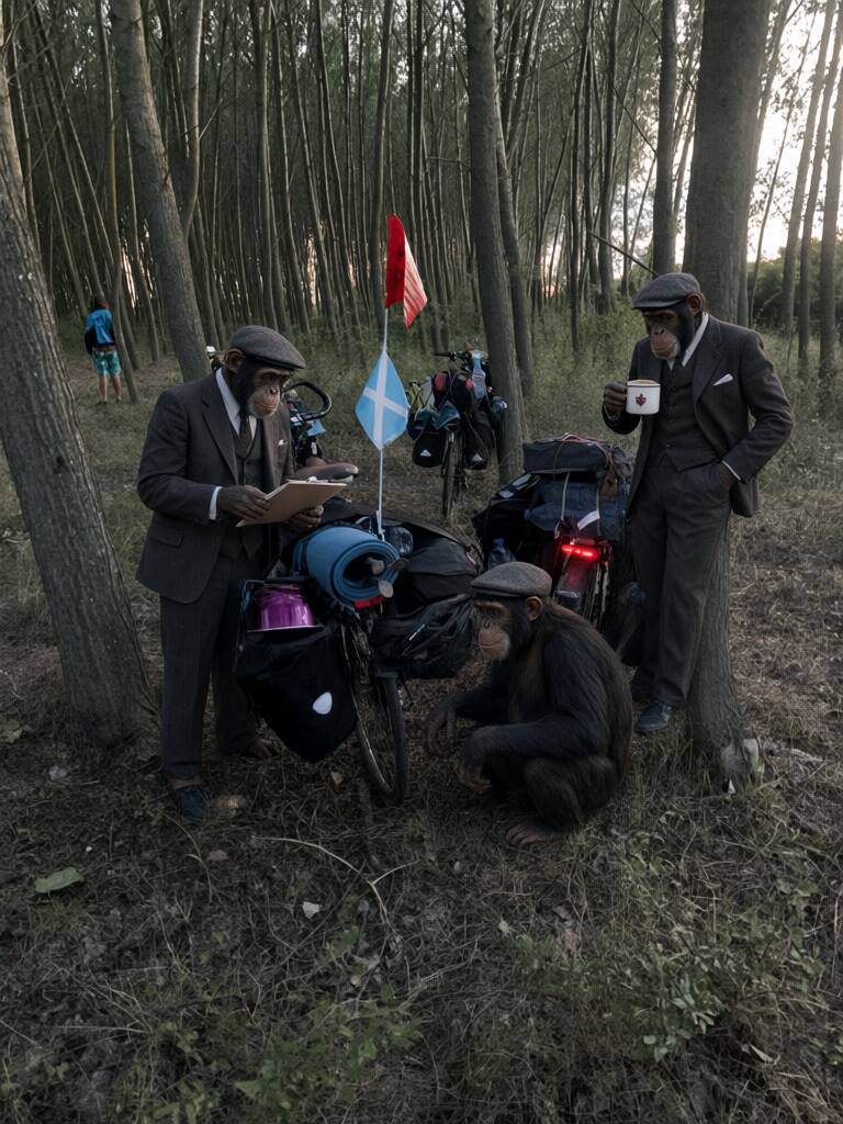 AI-edited woodland photograph showing suited chimpanzee bicycle inspectors among the loaded touring bikes